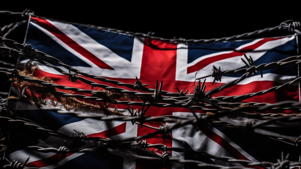 UK flag behind barbed wire