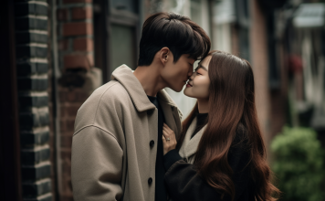 Beautiful Korean couple kissing. LOVE Canon EOS R6 camera