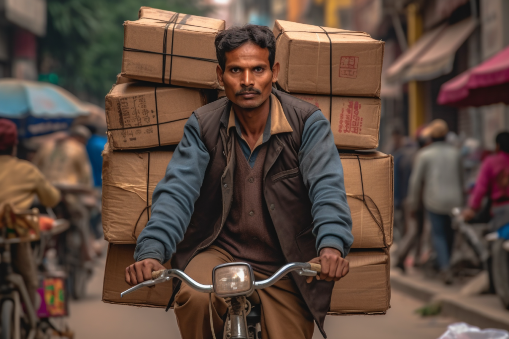 An Indian guy carrying large packages on a bicycle